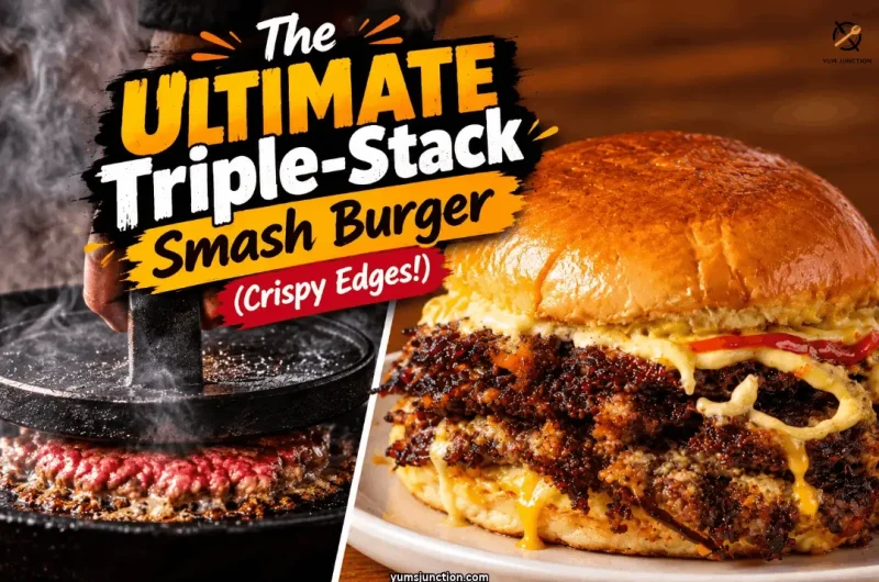 Burger press smashing beef in a smoking cast iron skillet next to a finished triple stack smash burger