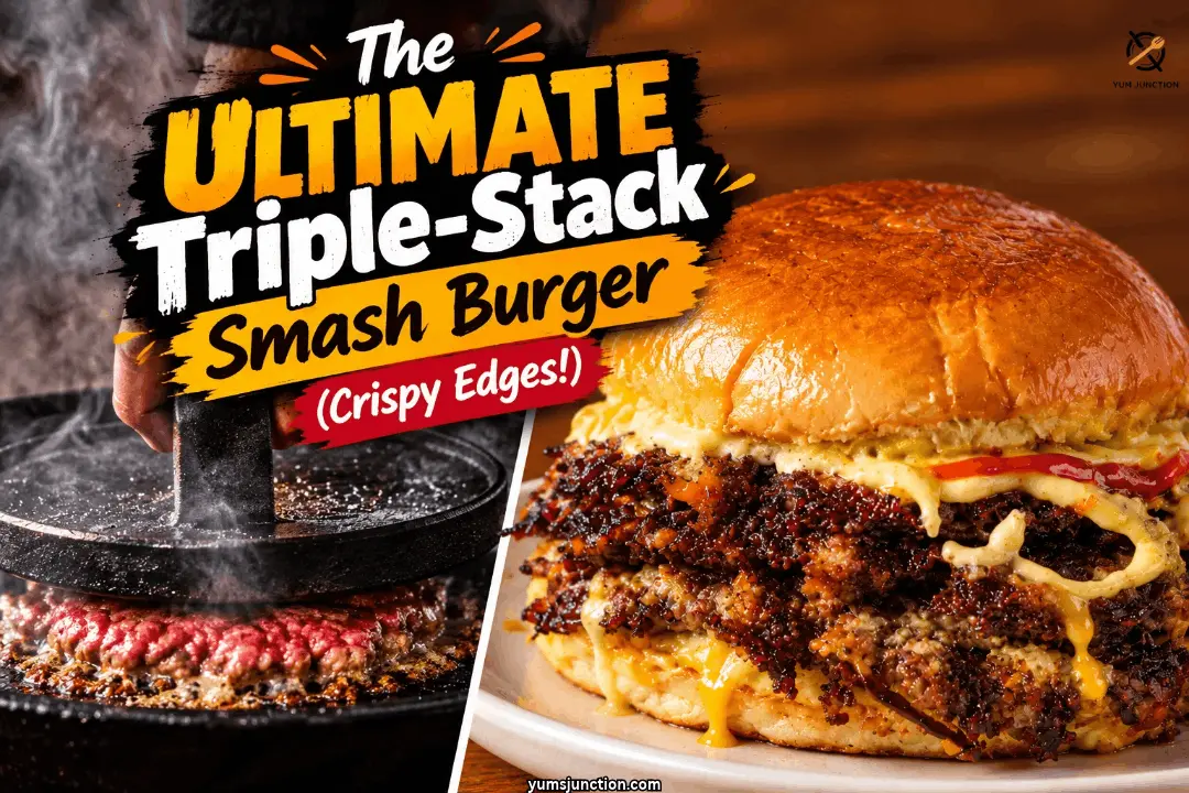 Burger press smashing beef in a smoking cast iron skillet next to a finished triple stack smash burger