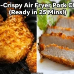 Golden crispy pork chop in an air fryer basket next to a sliced, juicy pork chop