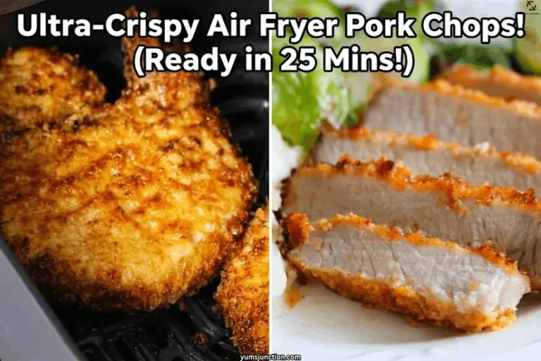 Golden crispy pork chop in an air fryer basket next to a sliced, juicy pork chop