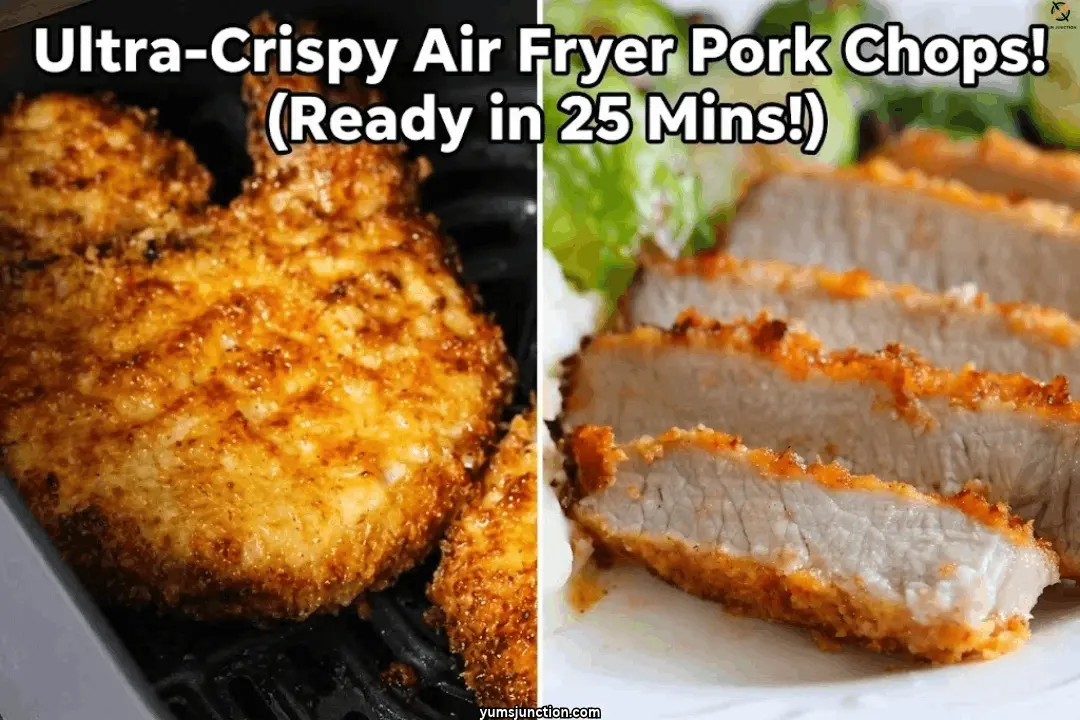 Golden crispy pork chop in an air fryer basket next to a sliced, juicy pork chop